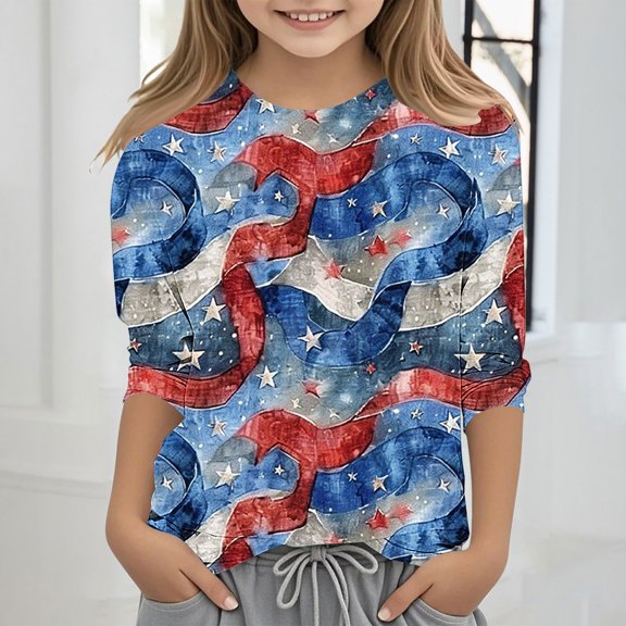MKOSPLRT USA Flag Tee Shirt for Kid 3-12 Years Crew Neck 3/4 Sleeve Red White and Blue Tshirts Funny Stars Striped Graphic T Shirts