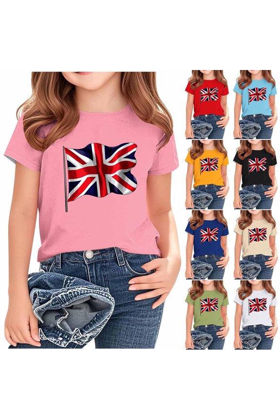 Union Jack Kids Tees 2-13 Years Girls Boys Short Sleeve Crew Neck British Flag Shirts Casaul 4th of July Tee Shirts