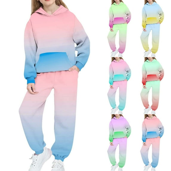 MKOSPLRT Unisex Kids Fleece 2 Piece Outfits Girls Boys Gradient Hooded Sweatshirt Jogger Sweatpants Sweatsuit Set with Pocket 4-15Y