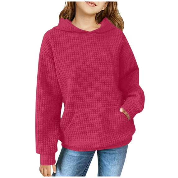 MKOSPLRT Waffle Hoodies for Kid Girls Boys Long Sleeve Casual Pullover Tops Solid Color Loose Fit Sweatshirts with Pocket 5-14 Years