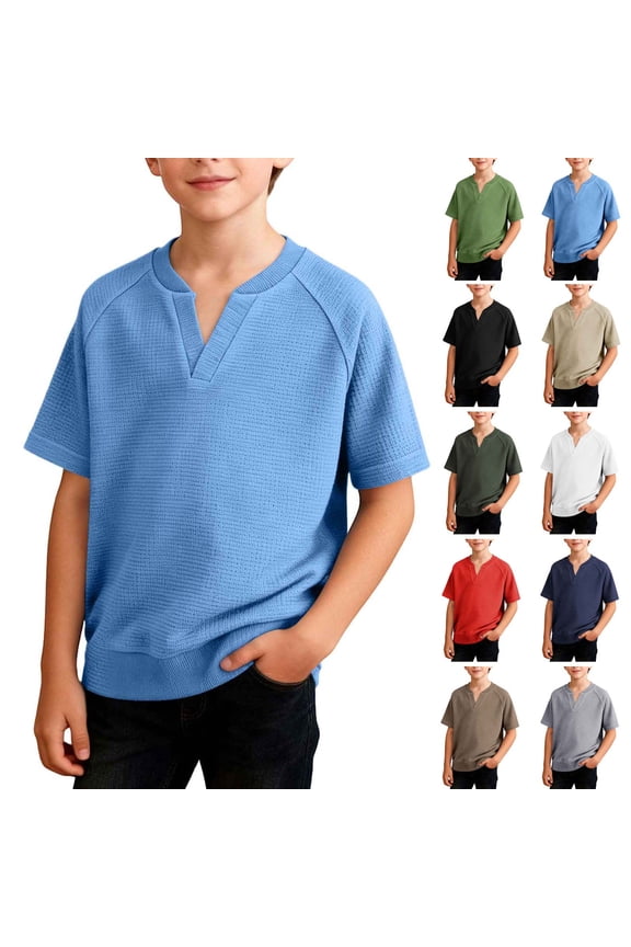 Waffle Knit Blouson Tops for Boy V Neck Raglan Short Sleeve Basic Solid Tshirts Casual Loose Blouses School Uniforms White 5-6 Years/120