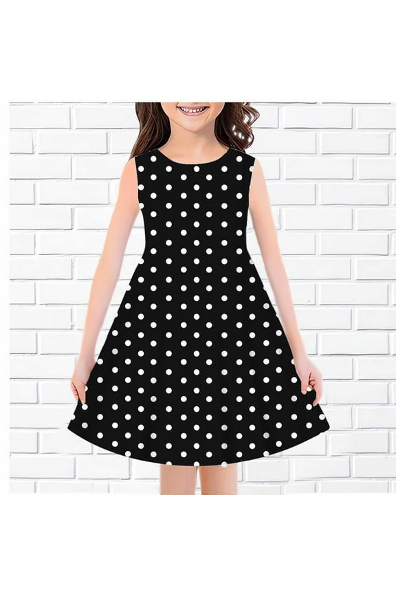 Wedding Guest Dresses for Girl Sleeveless 1950s Knee Length Dress Vintage Polka Dot Print Party Dress Crewneck Swing Dresses