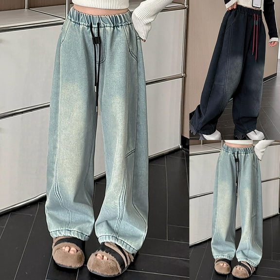 MKOSPLRT Wide Leg Jeans for Girl High Waist Drawstring Straight Leg Jeans Distressed Baggy Denim Pants Casual Wash Jeans with Pocket
