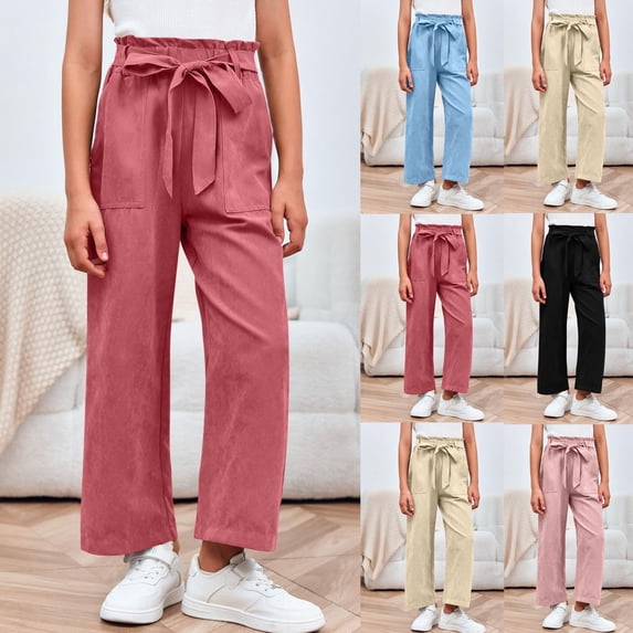 MKOSPLRT Wide Leg Linen Pants for Kid Girls Cute Solid Straight Leg Pants Oversized Elastic Waist Paper Bag Pants with Pockets 4-13Y