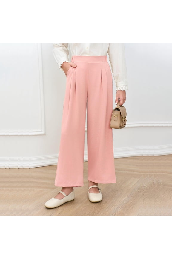 Wide Leg Trousers for Girl High Waist School Uniform Pants Baggy Cropped Pants Solid Color Lounge Straight Leg Pants with Pocket