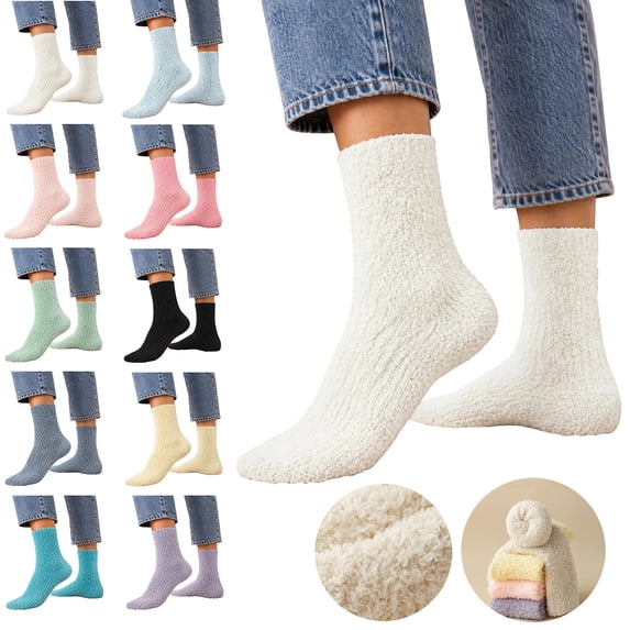 MKOSPLRT Winter Warm Home Sleeping Socks for Ladies White Plush Thick Flannel Fleece Mid‑Calf Floor Socks Cozy Fluffy Casual House Socks Night Rest Indoor Lounging
