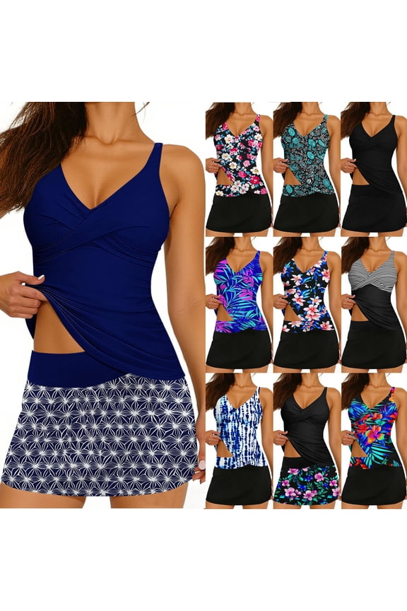 Women Tankini Swimsuits with Skirts Two Piece Tummy Control Bathing Suits High Waist Floral Print Wrap Swim Tank Swim Suits