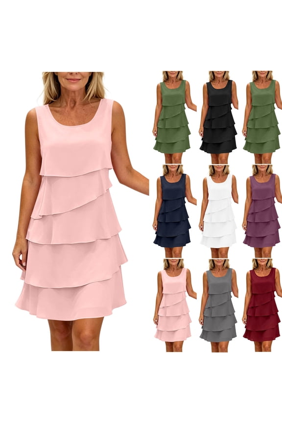 Women's Chiffon Dresses Sleeveless Crewneck Tiered Layered Flowy Dress Party Wedding Outfits Solid Color Mini Dresses