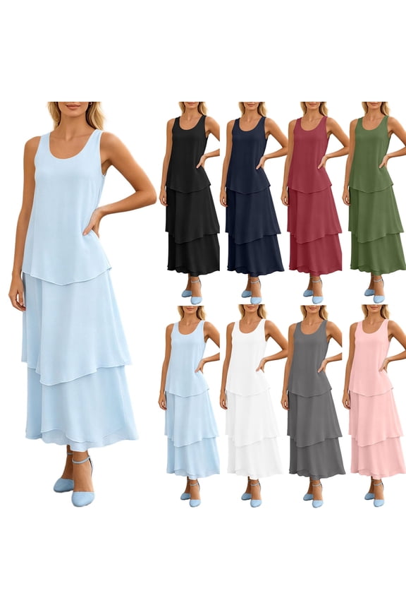 Women's Chiffon Layer Maxi Dress Flowy Elegant Sleeveless Crew Neck Ruffle Wedding Guest Dresses for Casual Daily Wear