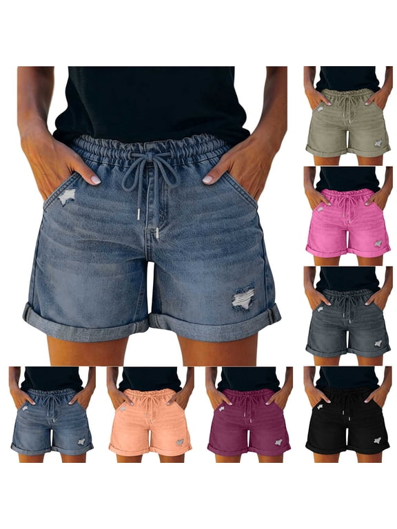 Women's Elastic High Waisted Jean Shorts Summer Ripped Cut Off Denim Shorts Vintage Cuffed Hem Mid Thigh Short Jeans