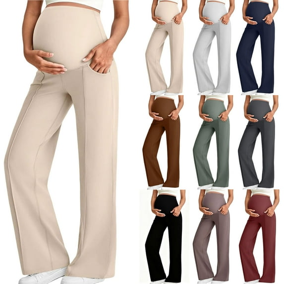 MKOSPLRT Women's Maternity Pants Over The Belly Pregnancy Pants Stretchy Loose Wide Leg Lounge Pajama Bottoms Solid Straight Leg Pants with Pockets