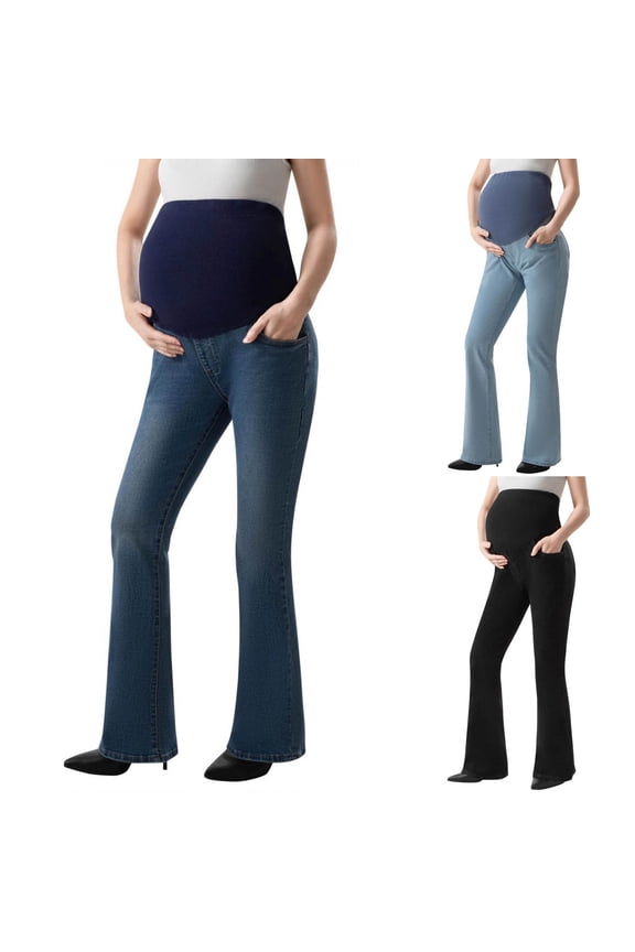 Women's Stretch Maternity Bootcut Jeans with Pockets Over The Belly Bell Bottoms Flare Denim Pants Pregnancy Clothes