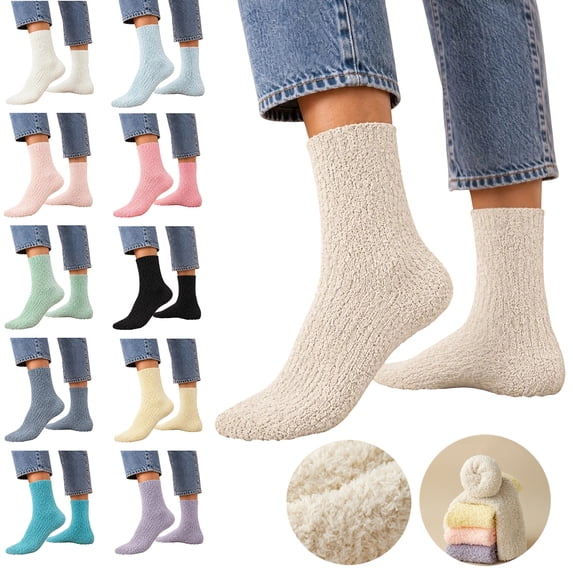 MKOSPLRT Women’s Thickened Fleece Mid‑Calf Socks Beige Soft Coral Velvet Warm Cozy Sleeping Socks Home Floor Socks for Cold Winter Indoor Lounging Daily Wear