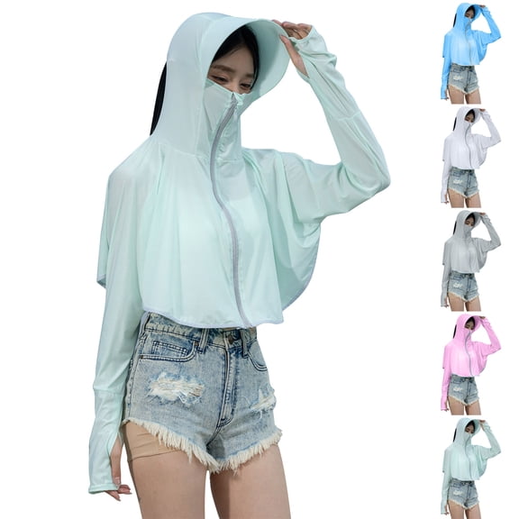 MKOSPLRT Women's UPF 50+ Sun Protection Cropped Jackets with Mask Zip Up Long Sleeve Cooling Shirt Athletic Workout Running Hoodie