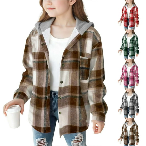 MKOSPLRT Wool Blend Shacket Jacket for Kids 4-15Y Hooded Button Down Flannel Jackets Long Sleeve Warm Palid Jacket Coats with Pockets