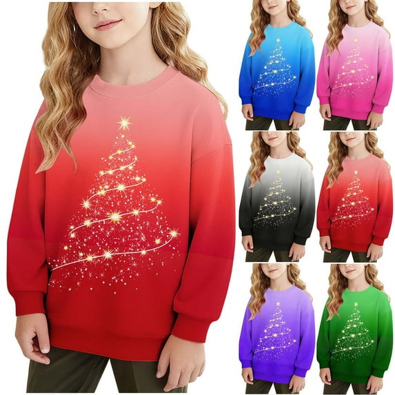 MKOSPLRT Xmas Tree Pullover Sweatshirts Kids 1-15Y Ugly Christmas Crew Neck Long Sleeve Sweatshirts Gradient Pullover Tops