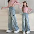 thumbnail image 1 of MKOSPLRT Y2K Jeans for Girl 5-15Y High Elastic Waist Wide Leg Jenas Stars Embroidery Distressed Denim Pants with Pockets, 1 of 10