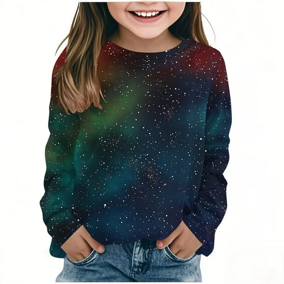 MKOSPLRT Y2K Tops for Girl Long Sleeve 3D Graphic T Shirts Round Neck Sparkly Print Shirts Lightweight Going Out Tees Kids Gifts 3-14 Years
