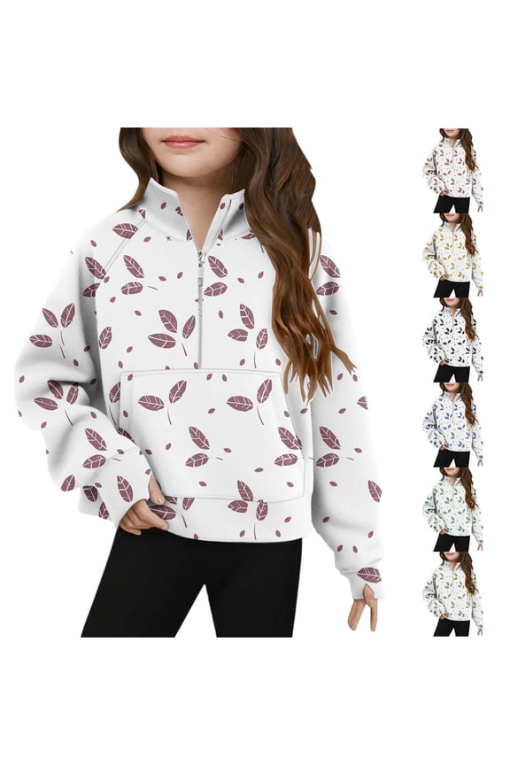 Zip Mock Neck Sweatshirts for Girl 5-14Y Long Sleeve Raglan Shirts Cte Leaf Graphic Pullover Casual Loose Fall T Shirts with Thumb Holes