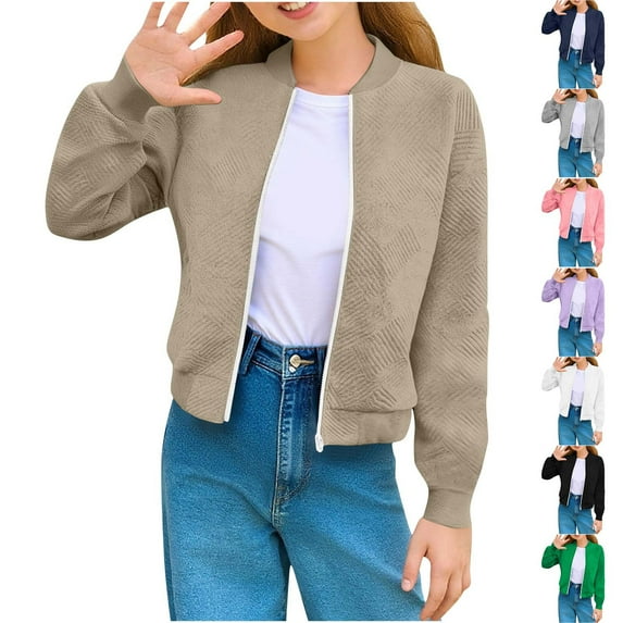MKOSPLRT Zip Up Jacket for Girl Long Sleeve Crop Bomber Jacket Solid Textured Lounge Sweatshirts Lightweight Fall Jacket Coats