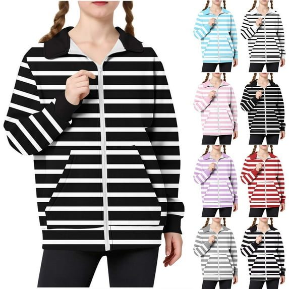MKOSPLRT Zip Up Sweatshirts Jacket Kids 5-15Y Striped Casual Jackets Long Sleeve Stand Collar Fall Jacket with Pocket for Girl Boy