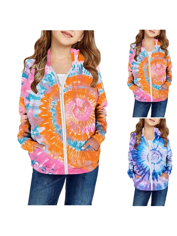 Zipper Hoodies for Girl Tie Dye Fall Sweatshirts Long Sleeve Casual Jacket Coats Funny Athletic Hoodies with Pocket