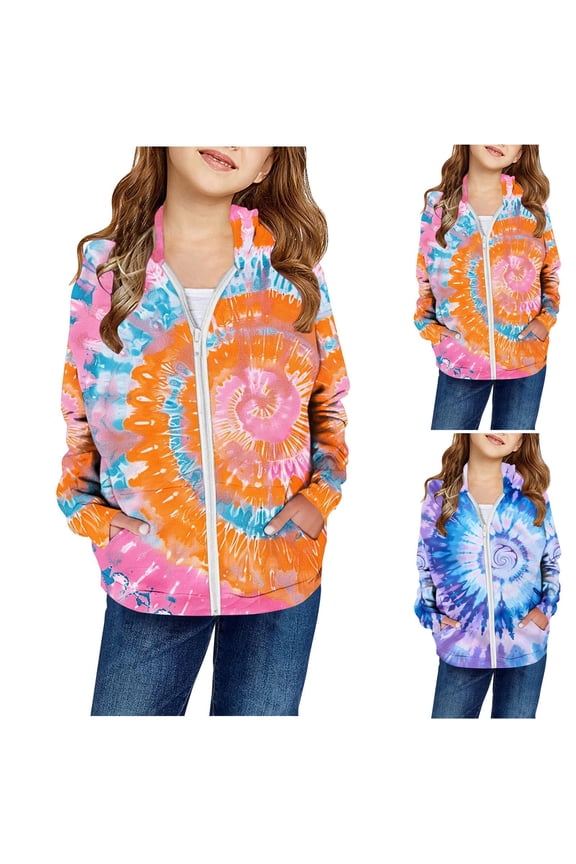 Zipper Hoodies for Girl Tie Dye Fall Sweatshirts Long Sleeve Casual Jacket Coats Funny Athletic Hoodies with Pocket
