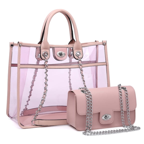 Women Large Clear Tote PVC Purse Ladies Top Handle Shoulder Handbag Transparent Satchel 2 Pcs Bag Set