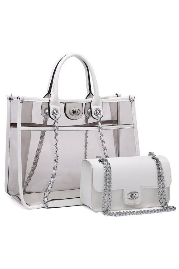 Women Large Clear Tote PVC Purse Ladies Top Handle Shoulder Handbag Transparent Satchel 2 Pcs Bag Set