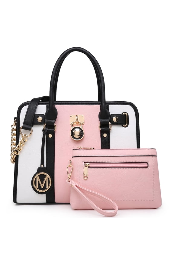 Women Satchel Two tone Handbags Purses Top Handle Tote with Wallet 2pcs Bag Set