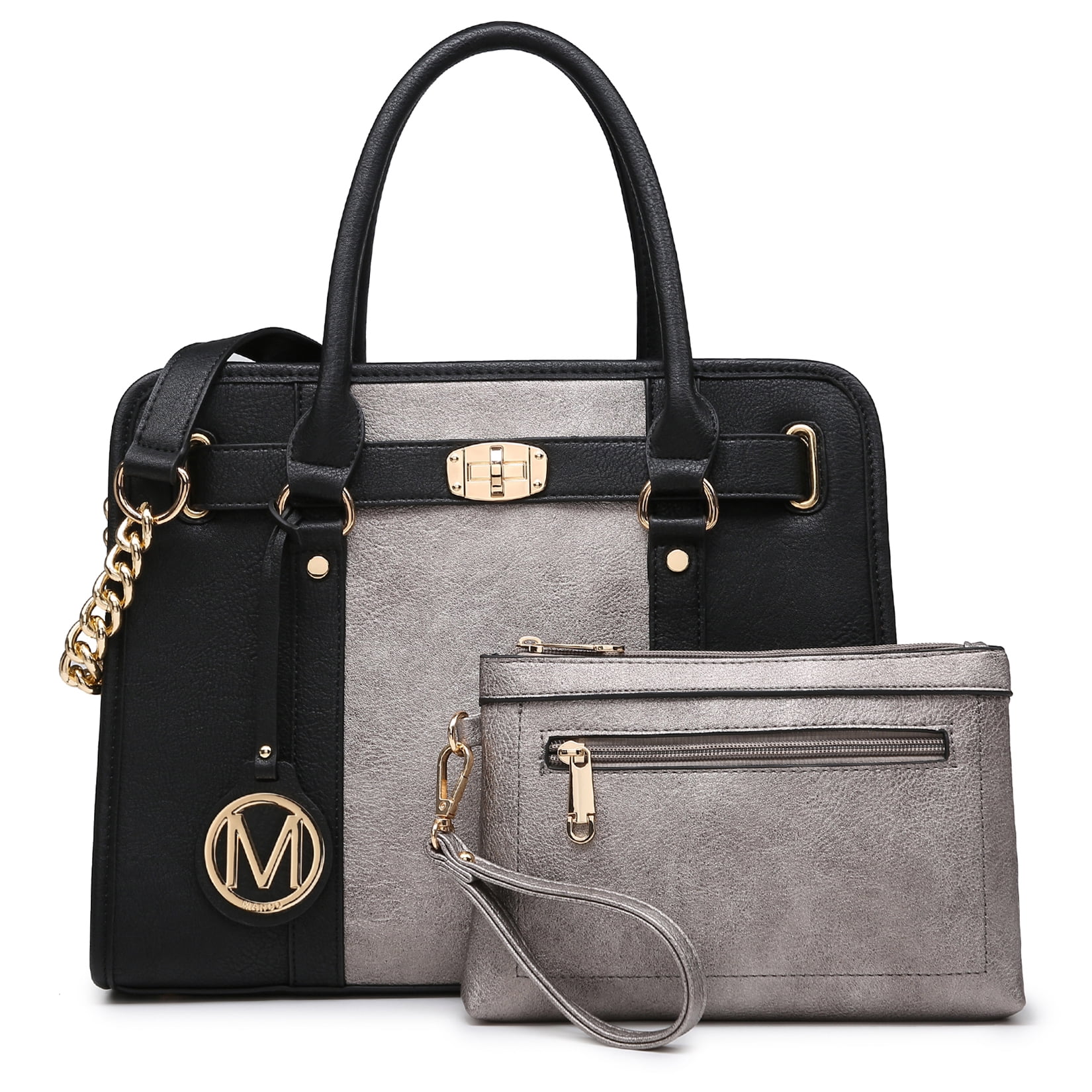 MKP Womens Satchel Female Handbags Two Tone Vegan Leather Shoulder Bag with Wallet 2pcs Set