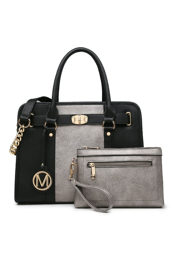 Womens Satchel Female Handbags Two Tone Vegan Leather Shoulder Bag with Wallet 2pcs Set