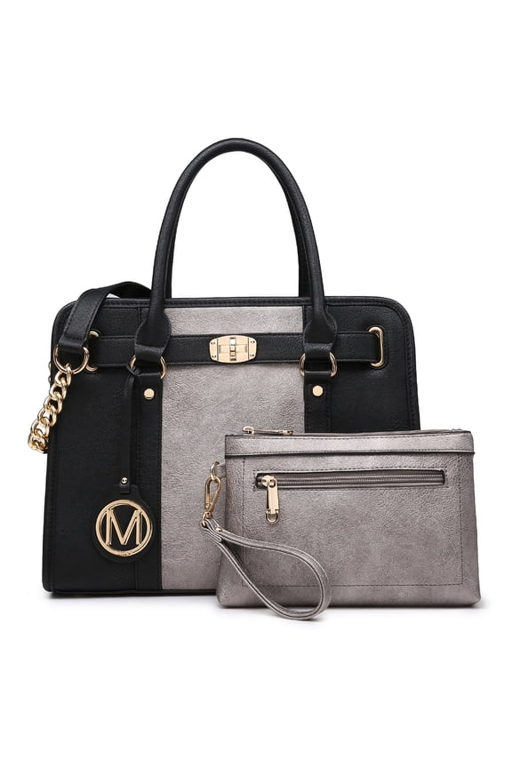Womens Satchel Female Handbags Two Tone Vegan Leather Shoulder Bag with Wallet 2pcs Set
