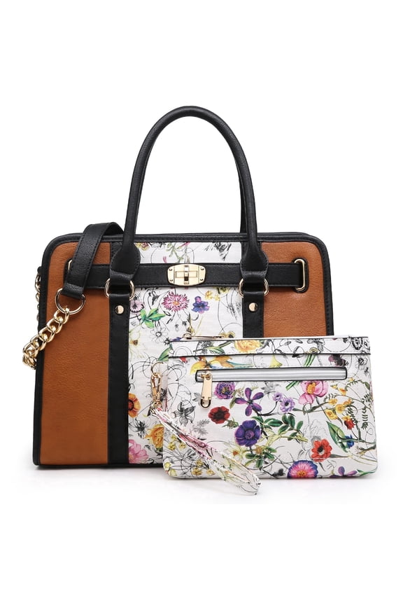 Womens Satchel Female Handbags Two Tone Vegan Leather Shoulder Bag with Wallet 2pcs Set