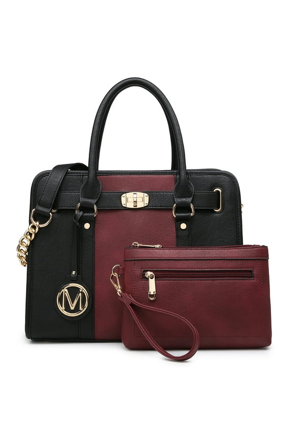 Womens Satchel Female Handbags Two Tone Vegan Leather Shoulder Bag with Wallet 2pcs Set