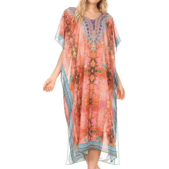 MKY Astryd Women's Flowy Maxi Long Caftan Dress Cover Up with Rhinestone - Ethnic Red - One Size Regular