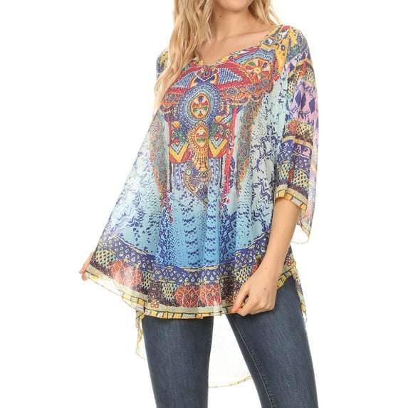 MKY Brigitte Women's Loose Casual Boho Short Sleeve Circle Blouse Top V-neck - Ethnic Multi - One Size Regular