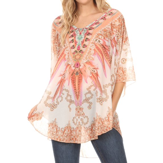 MKY Brigitte Women's Loose Casual Boho Short Sleeve Circle Blouse Top V-neck - Tribal Multi - One Size Regular