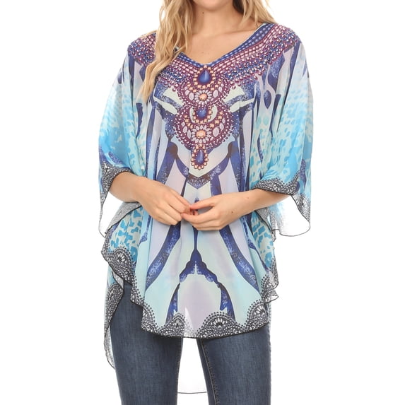 MKY Brigitte Women's Loose Casual Boho Short Sleeve Circle Blouse Top V-neck - Zebra Blue - One Size Regular