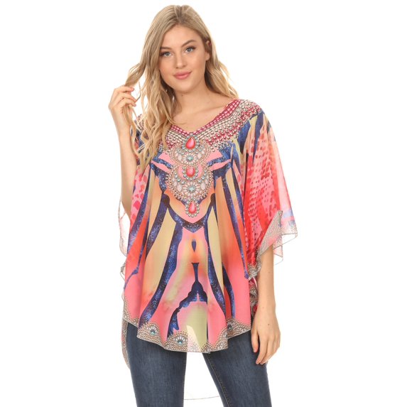 MKY Brigitte Women's Loose Casual Boho Short Sleeve Circle Blouse Top V-neck - Zebra Red - One Size Regular