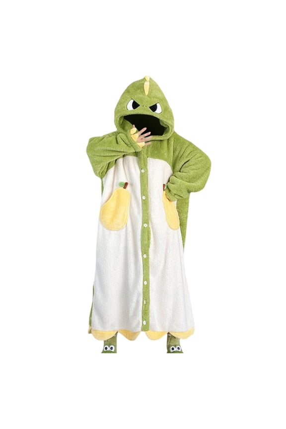 Adults Winter Coral Velvet Hooded Robe Loungewear Cartoon Flannel Dressing Gown Animal Pajamas Ladies Warm Nightgowns Dinosaur