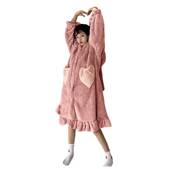 MKndvns Women Long Sleeve Plush Robe Winter Cute Cartoon Coral Velvet Pajama Loungewear Thickened Double Velour Animal Pajamas Household Robes Sleepwear Pink Love