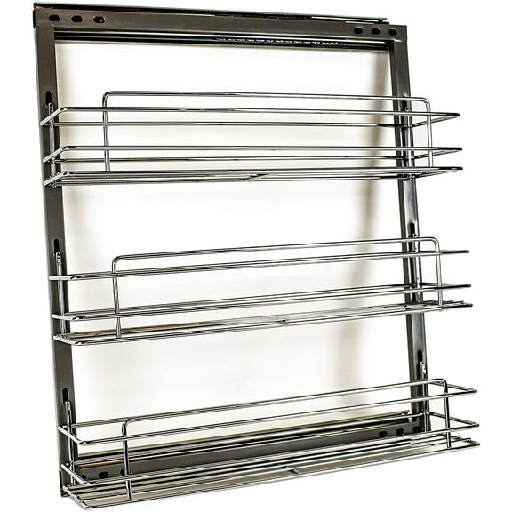 ML-017C Chrome Steel Cabinet Spice Rack- 3 Shelves Full Pullout Set, Polish Chrome Spice Rack Storage Organizer Mounts on The Cabinet Inside Left or Right