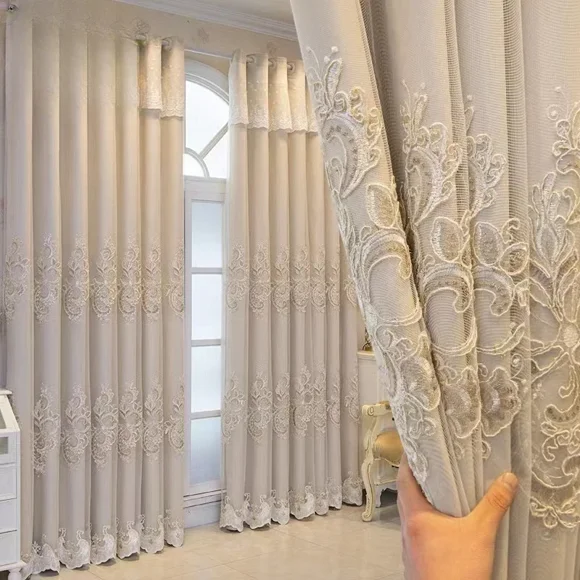ML Embroidered Luxury Double Layer Curtains for  Living Room Bedroom European American High Grade Milk Tea Cloth Gauze Custom