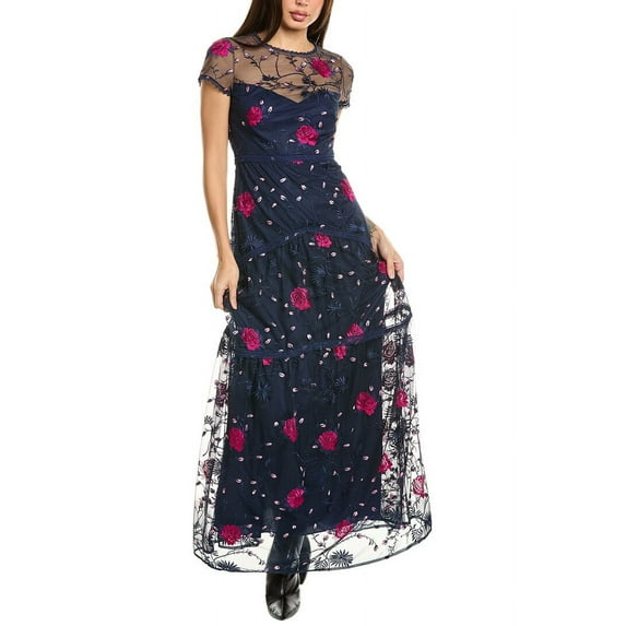 ML Monique Lhuillier womens Embroidered Tulle Gown, 2, Blue