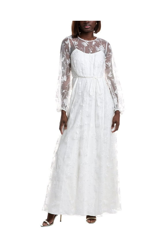 ML Monique Lhuillier womens Embroidered Tulle Lace Maxi Dress, 4, White