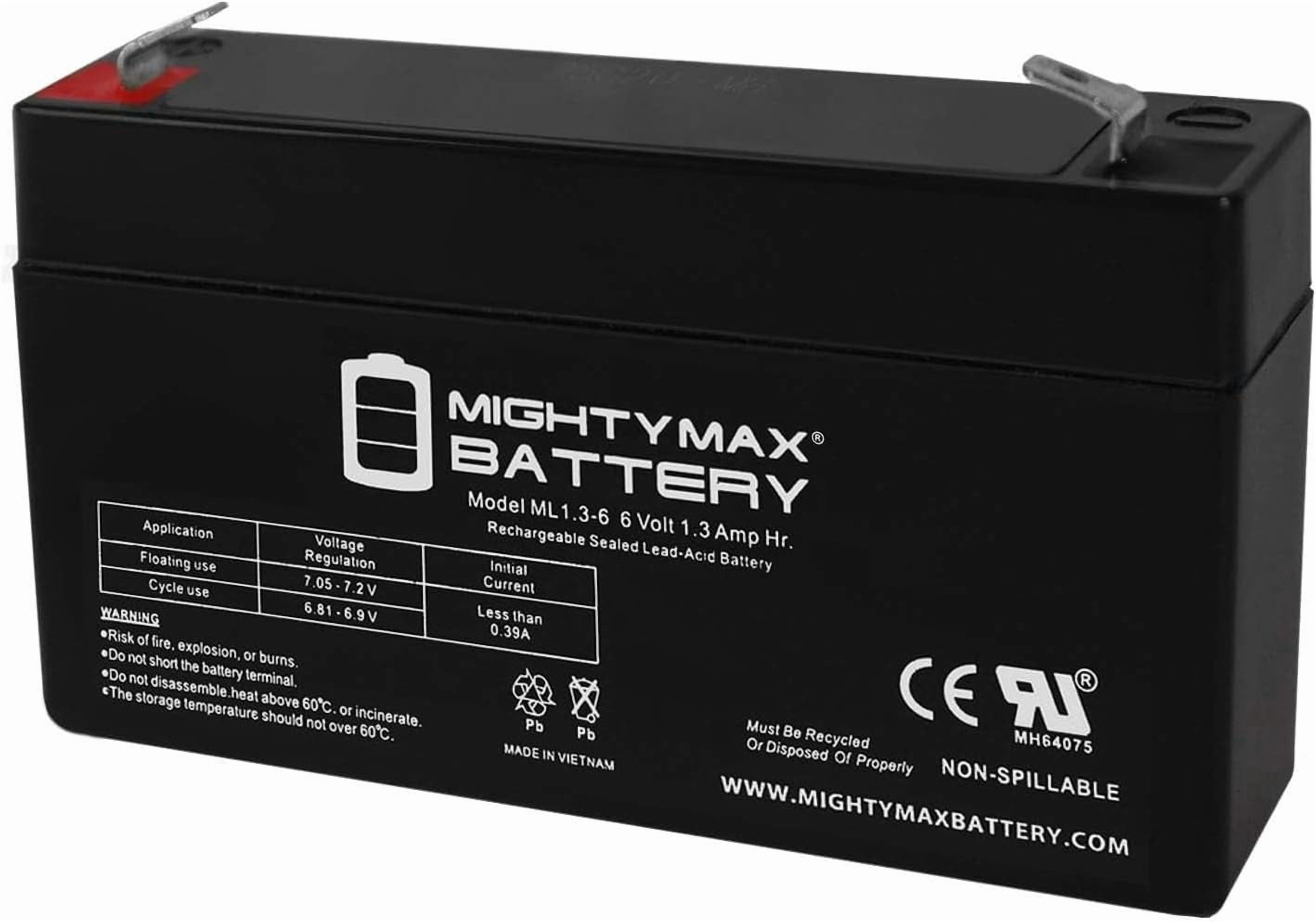 ML1.3-6 - 6 Volt 1.3 AH, F1 Terminal, Rechargeable SLA AGM Battery