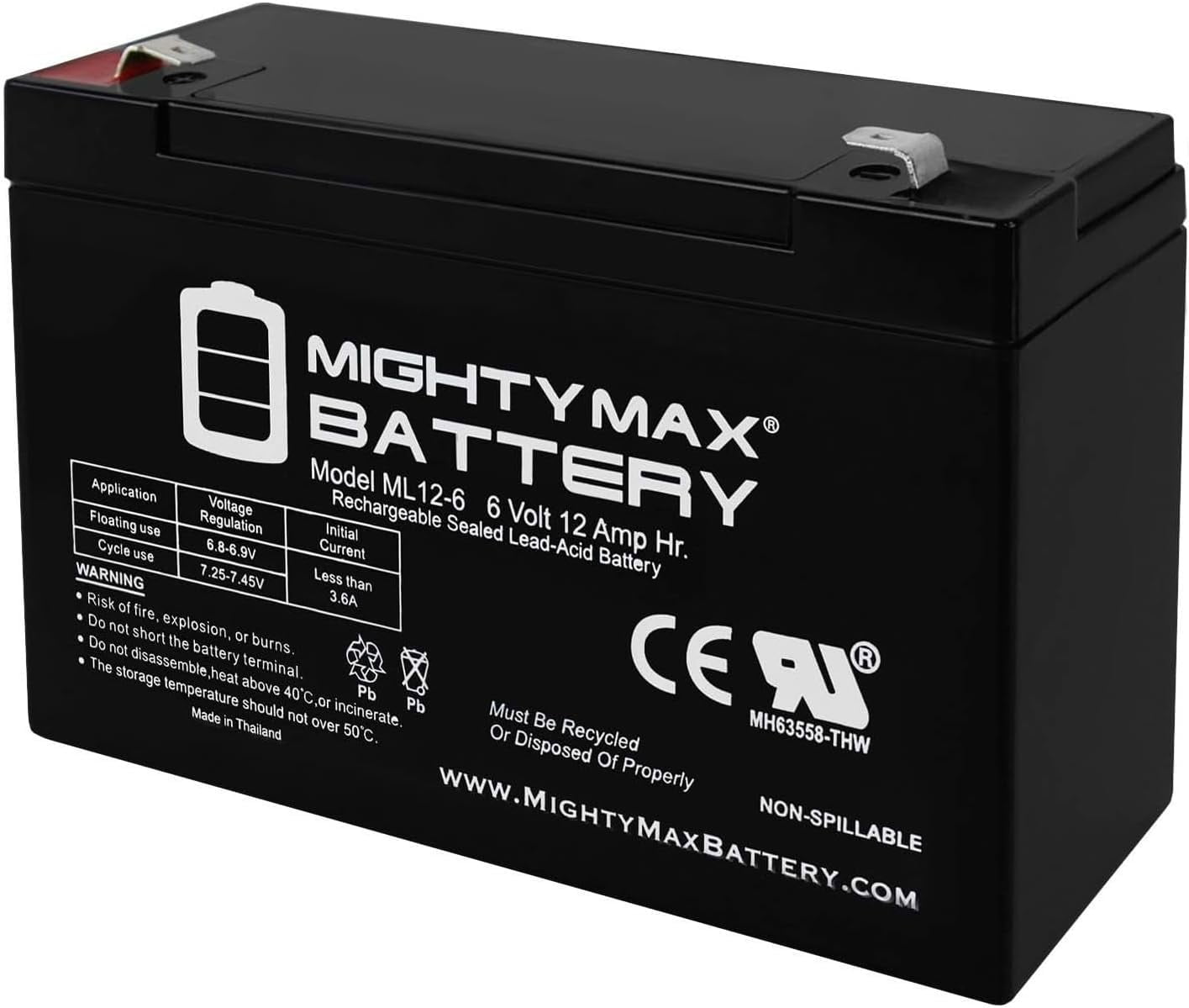 ML12-6F2-6 Volt 12 AH, F2 Terminal, Rechargeable SLA AGM Battery