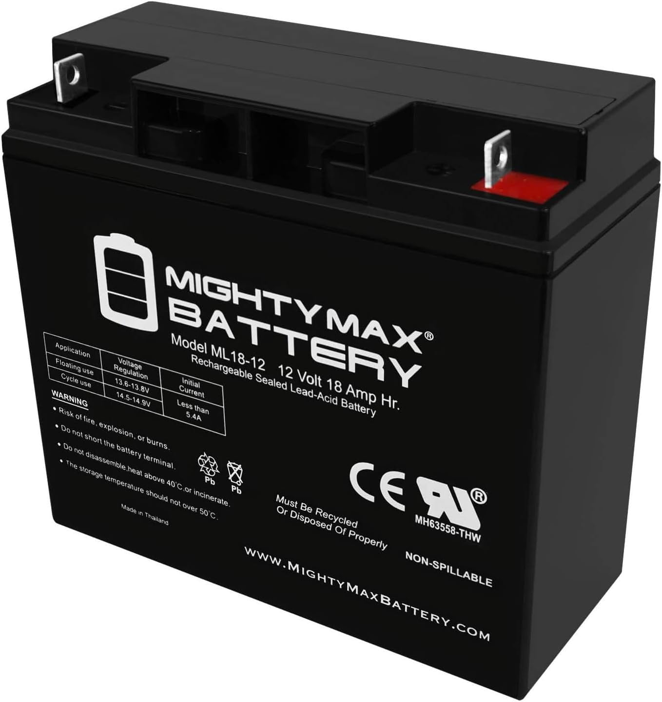 ML18-12 - 12 Volt 18 AH, Nut and Bolt (NB) Terminal, Rechargeable SLA AGM Battery