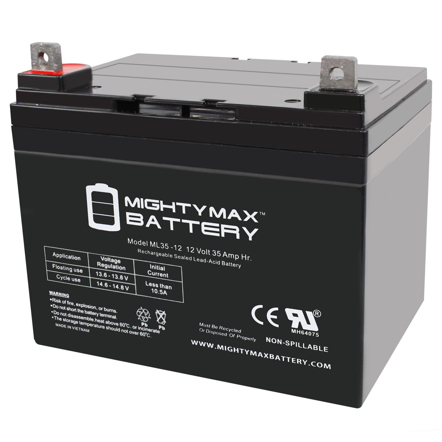 ML35-12 - 12 Volt 35 AH, Nut and Bolt (NB) Terminal, Rechargeable SLA AGM Battery - image 1 of 6